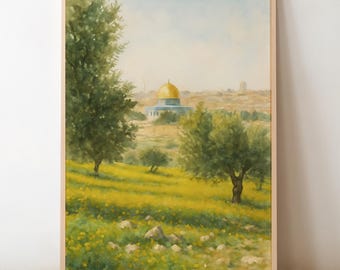 Al Aqsa Mosque Watercolor Print: Jerusalem Old City, Islamic Boho Decor (Digital Download)