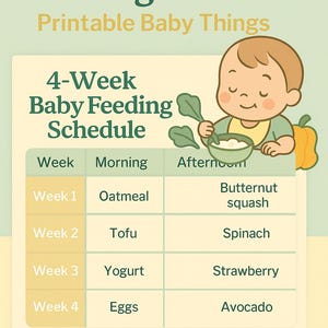May include: A chart with a cartoon baby eating from a bowl. The chart shows a 4-week baby feeding schedule with a list of foods to introduce each week. The foods include oatmeal, tofu, yogurt, and eggs. The chart also includes a note that says "Continue to offer breast milk or formula".