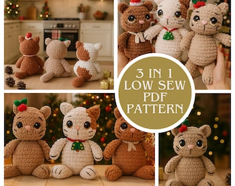 Holiday Kitties 3 In 1 Crochet Pattern, Low -Sew Amigurumi PDF Pattern in English, Cute Cat Crochet Guide for Xmas Gift Crochet Tutorial