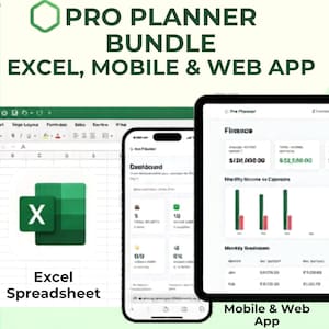 May include: A digital planner bundle with the text "PRO PLANNER BUNDLE EXCEL, MOBILE & WEB APP." The image shows an Excel spreadsheet, a smartphone, and a tablet displaying financial data and a dashboard.