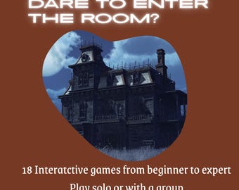 Pode incluir: Imagem promocional para um jogo Escape Room da Mansão Assombrada. A imagem apresenta uma ilustração escura e assustadora de uma casa assombrada. O texto diz "DARE TO ENTER THE ROOM?" e detalhes sobre o jogo.