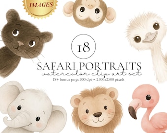 Watercolor Safari Portraits Clipart, Cute Animals Clipart, Baby Animals, Baby Shower Clipart, Safari Nursery, Boho Tropical Animals