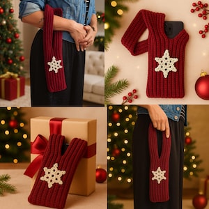 Könnte beinhalten: Eine weinrote Strick-Handyhülle mit einem weißen Schneeflocken-Design. Die Hülle hat einen langen Riemen und wird in verschiedenen Umgebungen gezeigt, darunter in der Nähe eines Weihnachtsbaums und eines verpackten Geschenks. Die Hülle ist für ein Telefon konzipiert und ein festliches Accessoire.