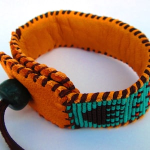 Beaded Cuff Bracelet on Deer Hide for Men or Women, Wetlands Design, Sea-foam, Orange and Brown image 4
