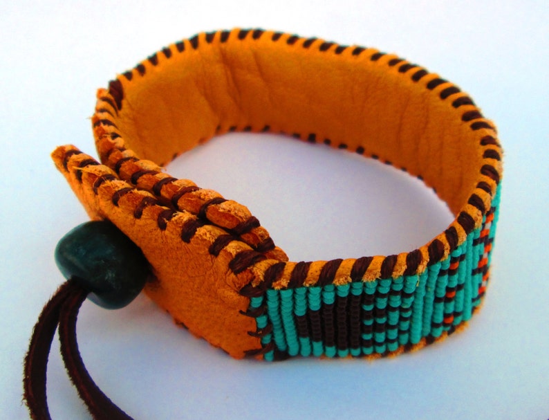 Beaded Cuff Bracelet on Deer Hide for Men or Women, Wetlands Design, Sea-foam, Orange and Brown image 4