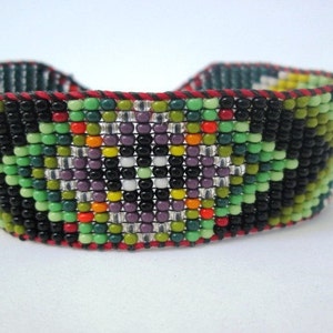 Huichol Inspired Beaded Flower Geometric Mandala Bracelet, Original Design 13, Purple and Green Center