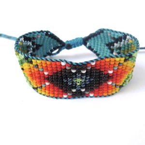 Huichol Inspired Beaded Geometric Mandala Bracelet, Original Design 14, Dark and Golden Center