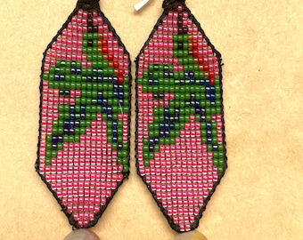 Pink and Green Hummingbird Earrings, Silver Hooks 945