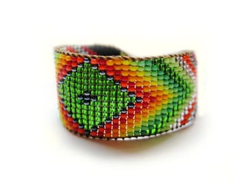 Huichol Style, Emerald Green and Black Rainbow Diamond Beaded Bracelet or Anklet