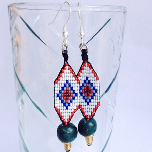 Huichol Inspired, Beaded Ojo de Dios, Diamond Eye Earrings with Silver Hooks