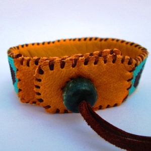 Beaded Cuff Bracelet on Deer Hide for Men or Women, Wetlands Design, Sea-foam, Orange and Brown image 3