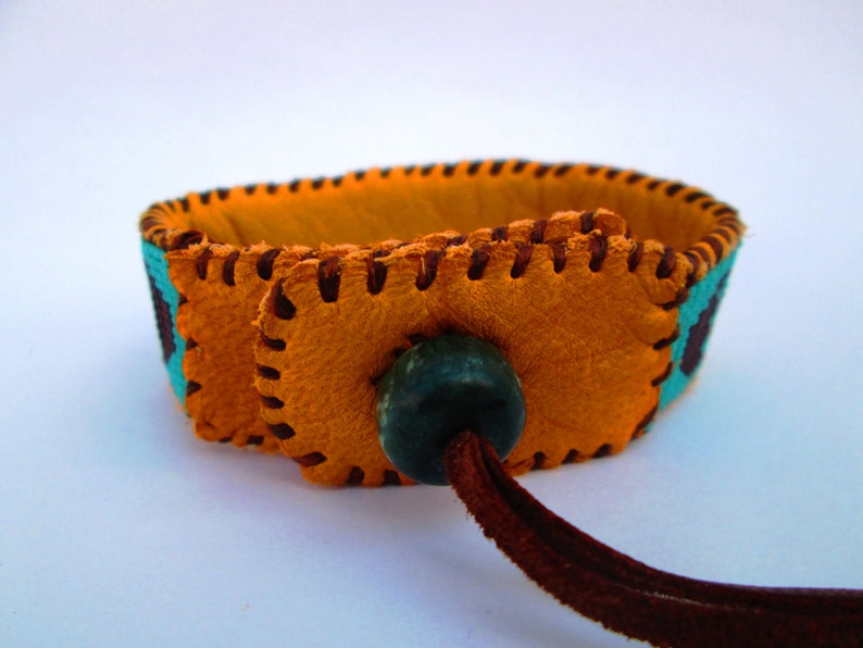 Beaded Cuff Bracelet on Deer Hide for Men or Women, Wetlands Design, Sea-foam, Orange and Brown image 3