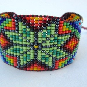 Huichol Inspired Beaded Star, Sacred Geometry Bracelet Cuff 2, For Men or Women image 1