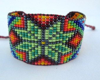 Huichol Inspired Beaded Star, Sacred Geometry Bracelet Cuff 2, For Men or Women