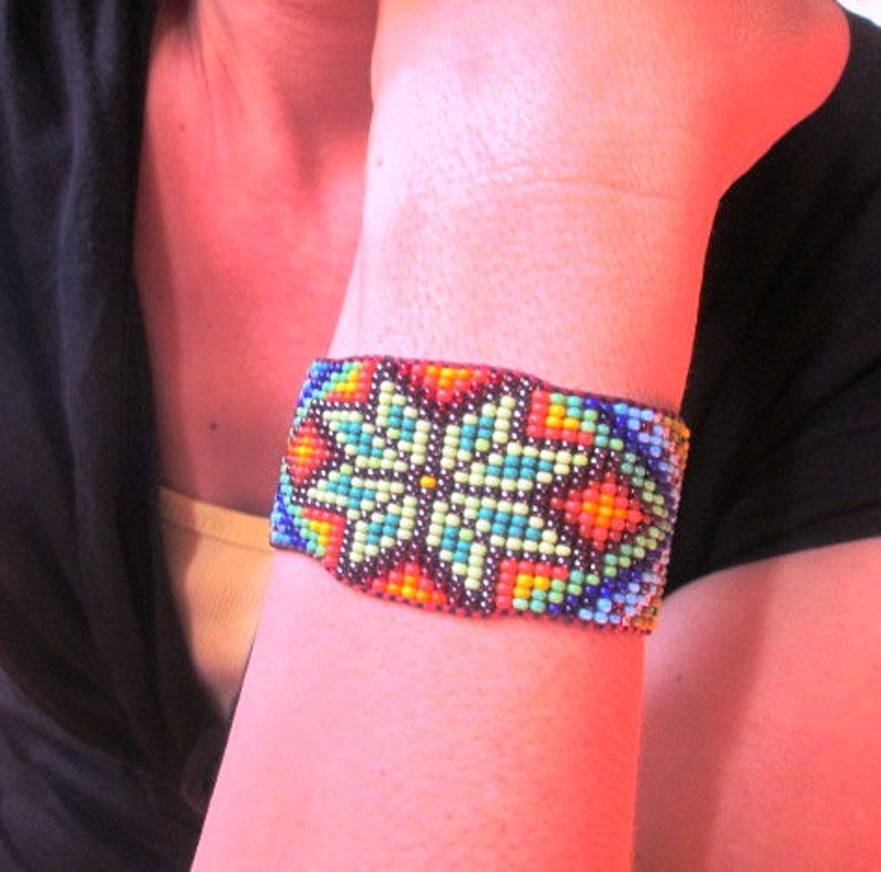 Huichol Inspired Beaded Star, Sacred Geometry Bracelet Cuff 2, For Men or Women image 4