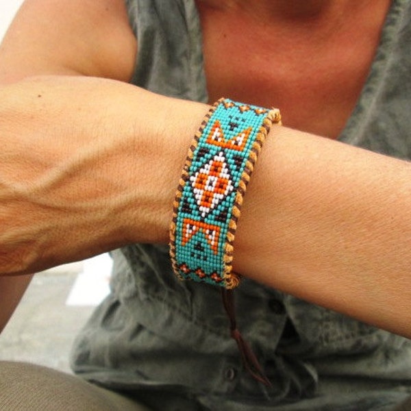 Beaded Cuff Bracelet on Deer Hide for Men or Women, Wetlands Design, Sea-foam, Orange and Brown