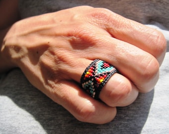 Native American,  Huichol Inspired Colorful Beaded Rings, for Men and Women- YOUR CHOICE Custom Sizing