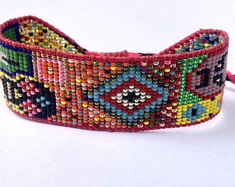 One of a Kind - Calavera Luchador Beaded Mandala Feather Multicolor Bracelet for Men or Women - CHAOS COLLECTION