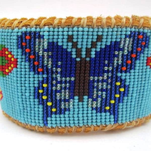 Native American Inspired Metamorphosis Beaded Blue Butterfly on Deer Hide