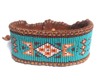 MEN'S Wide Cuff  Wetlands Native American Inspired, Beaded Sea-foam, Orange and Brown Cuff Bracelet on Deer Hide