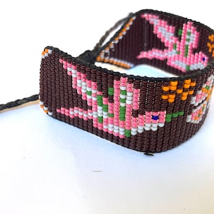 Pink and White Hummingbird with Flower on Brown Beaded Bracelet
