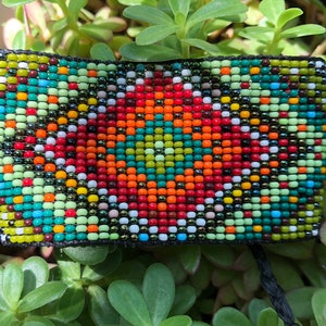 NEW DESIGN -Huichol Inspired Contemporary Rainbow Mandala Beaded Bracelet Cuff