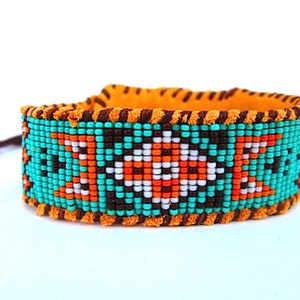 Beaded Cuff Bracelet on Deer Hide for Men or Women, Wetlands Design, Sea-foam, Orange and Brown image 2