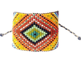 Huichol Inspired Rainbow Ojo de Dios Beaded Eye of God Statement Bracelet