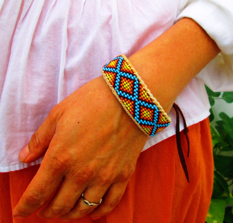 Roads Intertwined, Native American Inspired Beaded Bracelet on Deer Hide image 1