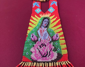 Our Lady, La Virgen de Guadalupe Hummingbird and Roses Beaded Necklace with Tassels