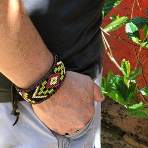 Diamond Eye Center, Men’s Tribal Beaded Cuff on Brown Deer Hide, NEW DESIGN