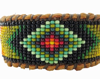 Huichol Style Inspired  Diamond Eye Beaded Bracelet on Deer Hide