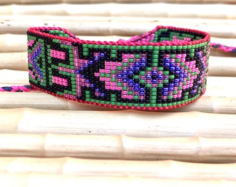 La Patrona Patterns Beaded Bracelet with Pink, Black, Green and Purple Seed Beads