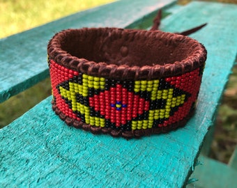 Red and Light Olive Green Men’s Tribal Beaded Cuff on Brown Deer Hide, NEW DESIGN