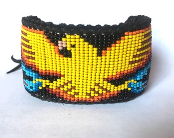 Beaded Aztec Eagle and Snake Bracelet on Black Leather