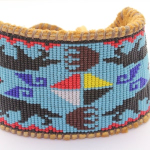 Warrior&#39;s Journey Beaded Wolf and Bear Medicine Bracelet on Tan Deer Hide for Men and Women