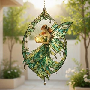 Forest Fairy Suncatcher, Mythical Green Pixie Window Hanging, Magic Orb Fairy Wall Art, Fantasy Garden Decor, Gift for Fairy Lover