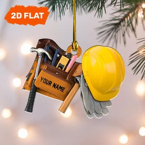 Ornamento natalizio personalizzato per operaio edile, cintura portautensili e casco in acrilico con nome personalizzato, regalo di Natale per costruttori