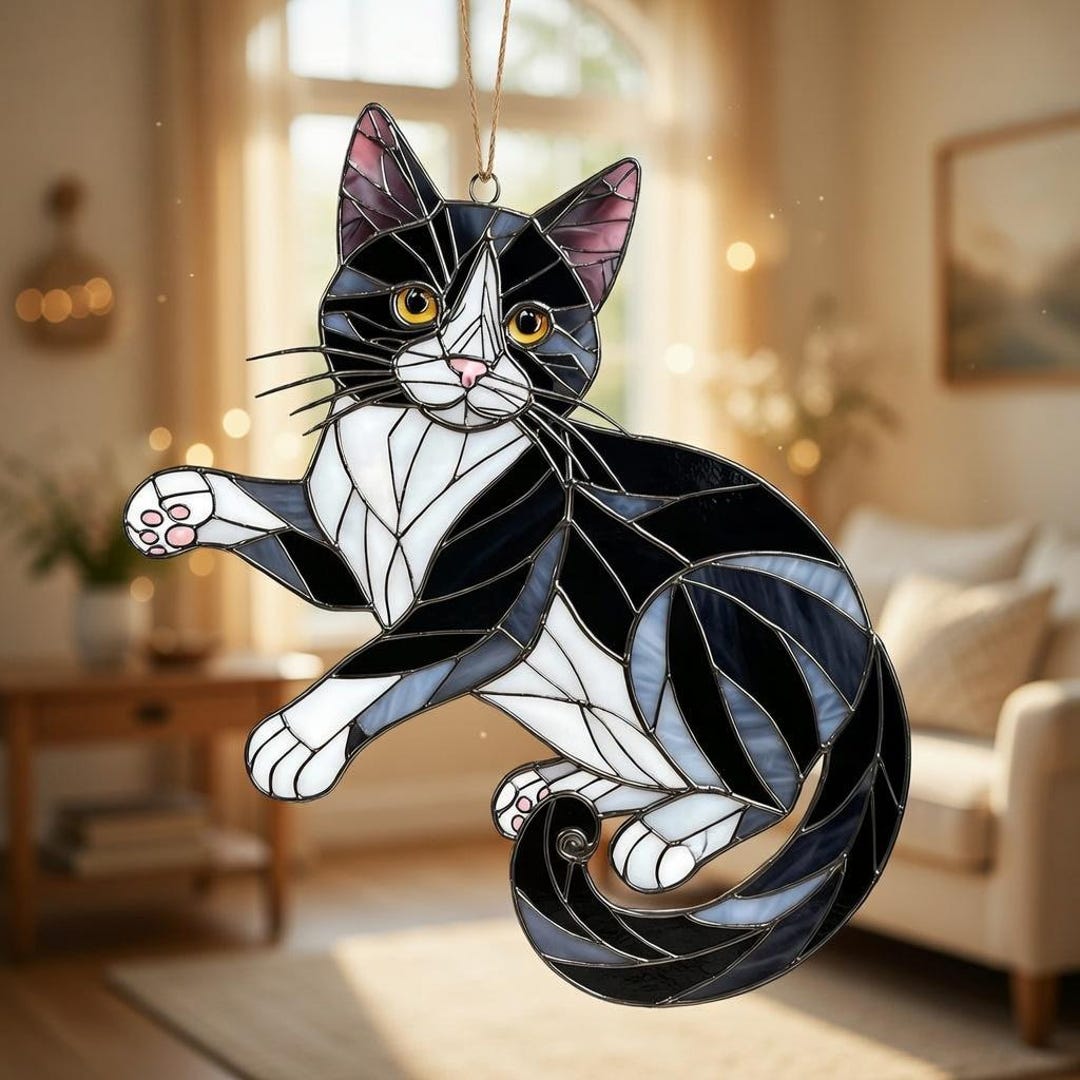 Tuxedo Cat Suncatcher, Black and White Cat Window Hanging, Pet Wall ...