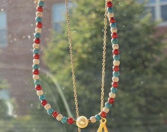 Initial Beaded Necklace, Boho Letter Choker, Personalized A-Z Jewelry, Colorful Seed Bead
