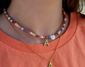 Colorful Seed Bead Initial Choker: Gold-Toned Letter Pendant