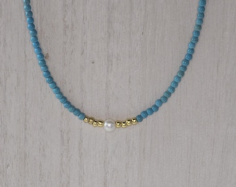 Turquoise Blue Beaded Necklace with Freshwater Pearl and Gold - Minimalist Choker for Women