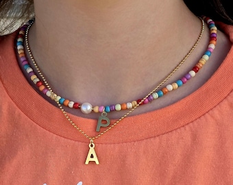 Colorful Beaded Initial Choker: Freshwater Pearl, Bohemian Layering Necklace
