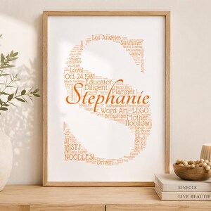 May include: A framed vertical wall art print featuring a large letter S composed of various orange words and phrases, including the name Stephanie, centred on a white background. The print is housed in a light-coloured wooden frame.