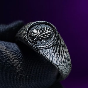Fanmade Halsin Ring – Nature Druid Jewelry Inspired by Fantasy RPG B4ldur Gate, Handcrafted Silver Acorn & Oakleaf Ring for Adventurers