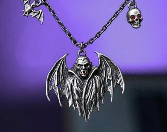 EXCLUSIVE Gothic Vampire Bat Skull Necklace, Dark Academia Jewelry, Halloween Occult Altar Unique Gift for Her Him, Spooky Charm