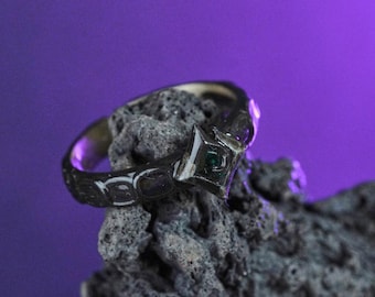 Handmade Tactical Void Sentinel Ring,950 Sterling Silver Radiant Emerald Band, Geometric Dark Fantasy Cosmic Energy Jewelry, Gift for Gamers