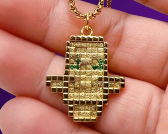 Pixel Totem of Undying Necklace, Silver 950 14K Gold Plated Pendant, Green CZ Eyes, Voxel Gamer Gift, Valentine Gift