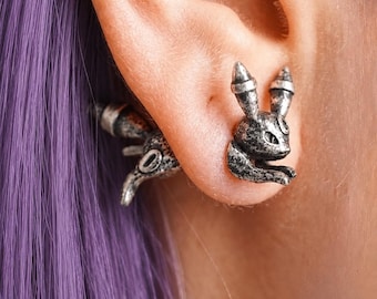 HANDMADE LIm bre.0n P0.ke.m0n Screw Back Earrings,  Silver Tone Studs, Dark Eeveelution Fan Gift, Geeky Anime Gaming Jewelry, Gamer Gift