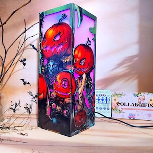 Handmade Halloween Pumpkin-Inspired Wooden box lamp, RGB Lighting, Spooky Halloween Decor, Halloween Gift idea, Gift for Kid, Halloween Lamp